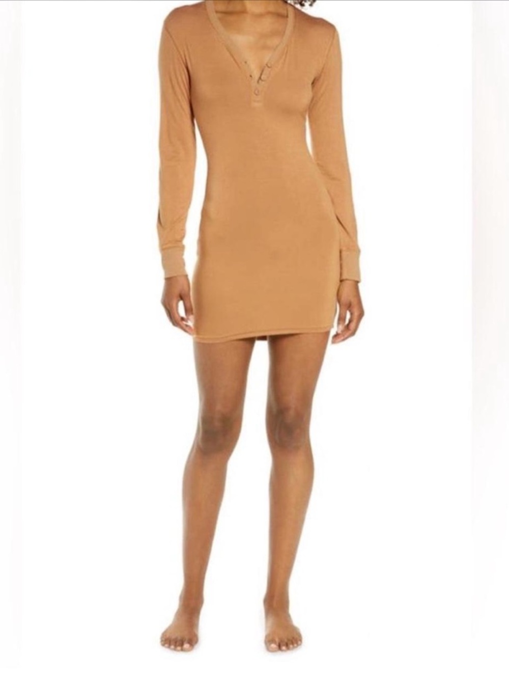 Skims Long Sleeve Henley Bodycon Dress in Camel